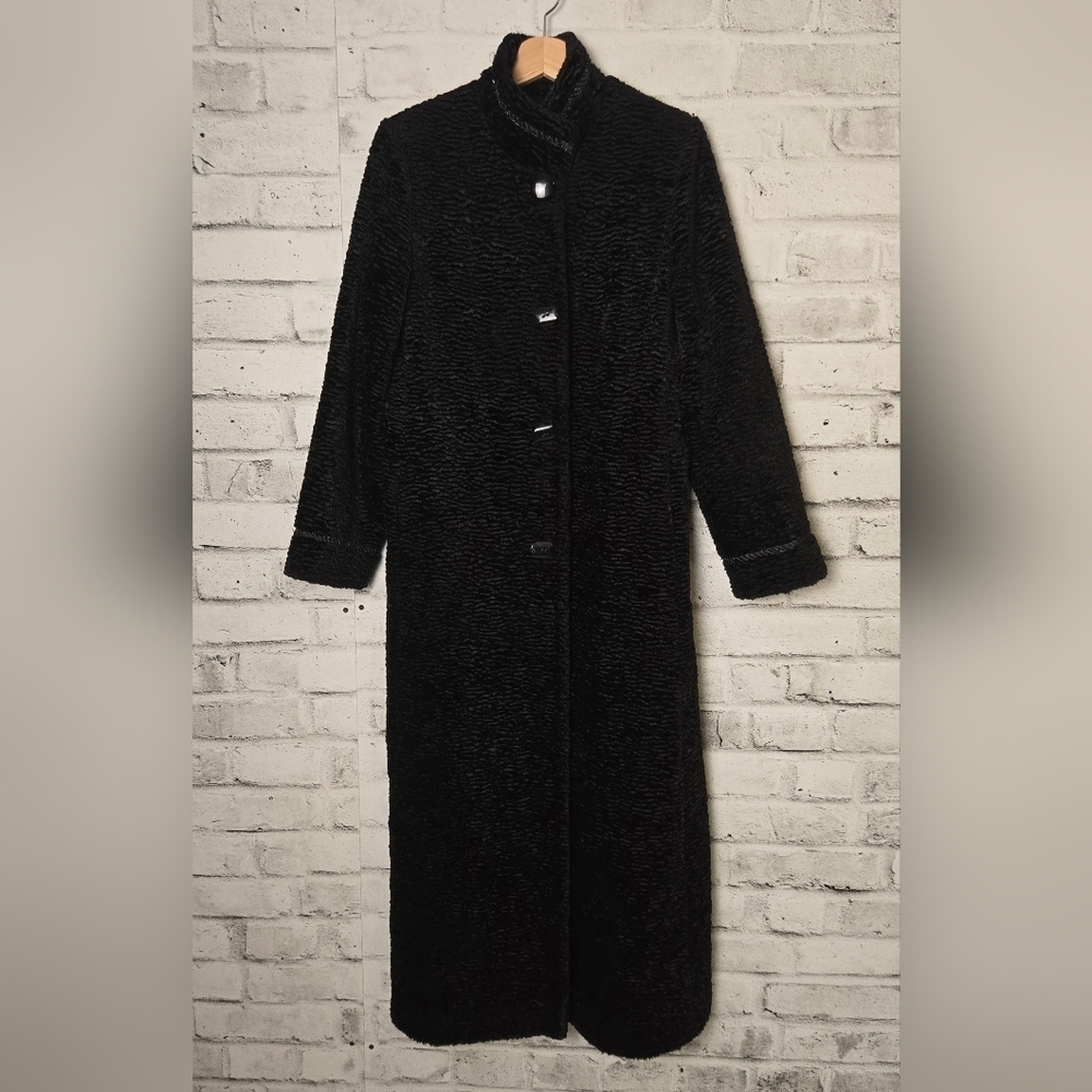 Simon Chang Black Textured Maxi Coat Vintage Long Statement Womens 5/6